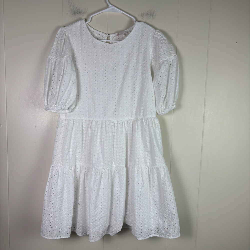 GB White Eyelet‎ Dress Women's Medium Tiered Midi Puff Sleeve Casual Summer